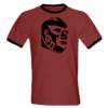 Black Print on a Brick Red and Black Ringer Shirt- $18